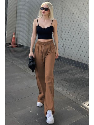 Madmext Kahverengi Bol Paça Müslin Kadın Pantolon MG1980 Pamuk Kumaş ile Rahat Kullanım