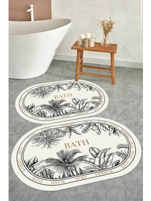 Decomia Home Dijital Kaymaz Yıkanabilir Bath Beyaz Botanik Ikili Banyo Paspası Banyo Halısı Banyo Dekor