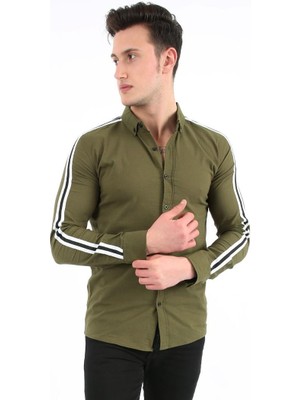 Twovol Kolları Çizgili Haki Gömlek