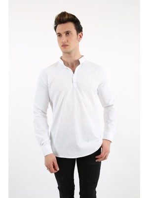 Twovol Hakim Yaka Likralı Beyaz Gömlek