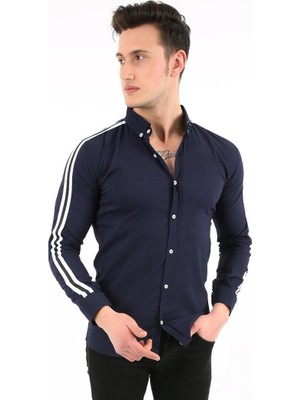 Twovol Kolları Çizgili Lacivert Gömlek