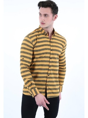 Twovol Çizgili Full Likralı Sarı Gömlek