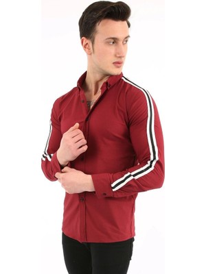 Twovol Kolları Çizgili Bordo Gömlek