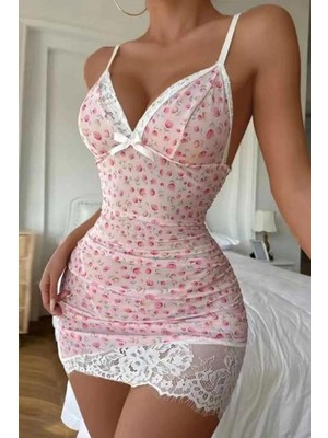 Bella Notte Toz Pembe Çiçek Desenli Mini Gecelik