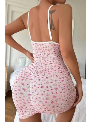 Bella Notte Toz Pembe Çiçek Desenli Mini Gecelik