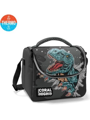 Coral High Thermo Beslenme Çantası Koyu Gri Siyah Dinozor Desenli Thermo Beslenme Çantası