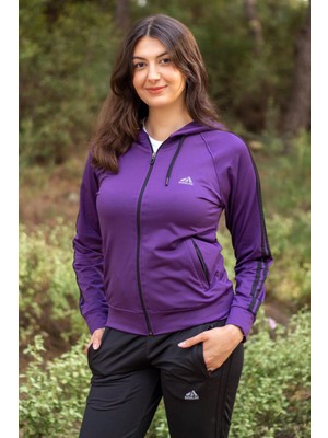 Azıcık Akıllı Kadın Mor Iki Şeritli Biyeli Fermuarlı Kapüşonlu Spor Eşofman Takımı 21KESTAX11