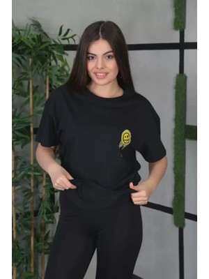 Stock Mount Unisex Bisiklet Yaka Baskılı Oversize T-Shirt - Siyah