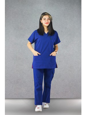Cinaruniforma - Likralı V-Yaka Kadın Takım Üniforma - Saks Mavisi