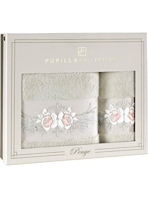 Pupilla Collection Eva Penye Nakışlı 2'li Banyo Havlu Seti (50*90+70*140) Tomurcuk Desen - Bej