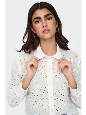 Only Kadın Onlvalaıs Delik Desenli Uzun Kollu %100 Pamuk Gömlek 15269568 Beyaz