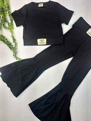 Timi Kids Kız Çocuk Siyah Fitilli Kumaş Ispanyol Paça Crop Ikili Takım