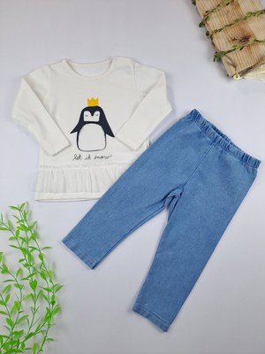 Bonboner Kids Kız Çocuk Penguen Baskılı Alt Tarafı Detaylı Mavi Krem Takım (Çıtçıtlı Bady)