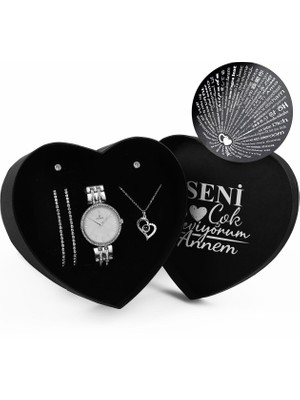 Apollon Gift Anneler Gününe Özel Tasarım Kalp Kutu & 100 Dilde Seni Seviyorum Kolye & Ikili Zirkon Taşlı Bileklik & Ikili Küpe & Metal Kordon Saat Seti