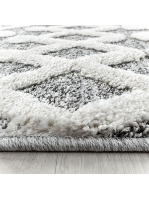 Carpettex Yumuşak Bukle Tabanlı Modern Kabartmalı 3D Inka Örgü Desenli Krem Gri Renkli Halı