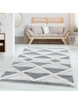 Carpettex Yumuşak Bukle Tabanlı Modern Kabartmalı 3D Üçğen Desenli Krem Gri Renkli Halı