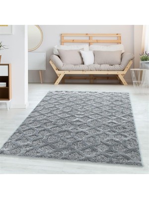 Carpettex Yumuşak Bukle Tabanlı Modern Kabartmalı 3D Izgara Desenli Gri Renkli Halı