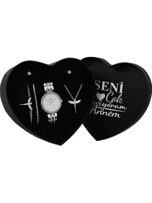 Apollon Gift Anneler Gününe Özel Tasarım Kalp Kutu & Melek Kolye & Ikili Zirkon Taşlı Bileklik & Ikili Küpe & Metal Kordon Saat Seti