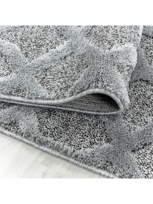 Carpettex Yuvarlak Halı Yumuşak Bukle Tabanlı Modern Kabartmalı 3D Izgara Desenli Krem Gri Renkli Halı