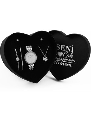 Apollon Gift Anneler Gününe Özel Tasarım Kalp Kutu & Kar Tanesi Kolye & Ikili Zirkon Taşlı Bileklik & Ikili Küpe & Metal Kordon Saat Seti
