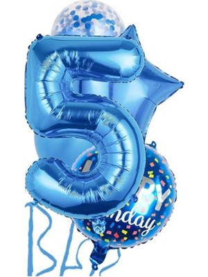 Parti Sürprizi Mavi 5 Yaş Happy Birthday Konfetili Balon Set