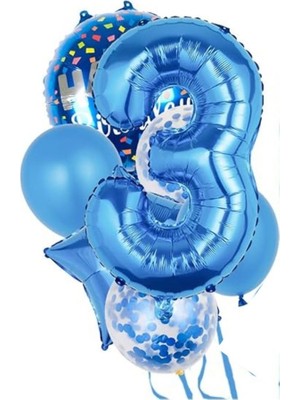 Parti Sürprizi Mavi 3 Yaş Happy Birthday Konfetili Balon Set