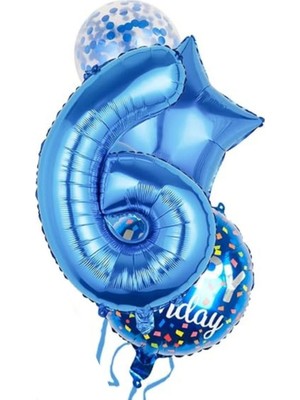 Parti Sürprizi Mavi 6 Yaş Happy Birthday Konfetili Balon Set