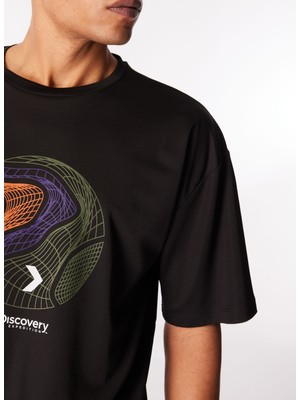 Discovery Expedition Siyah Erkek Bisiklet Yaka Loose Fit Baskılı T-Shirt D4SM-TST3275