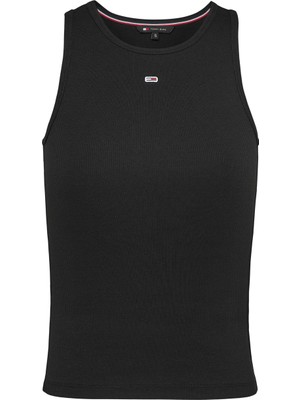 Tommy Hilfiger Tjm Bisiklet Yaka Düz Siyah Kadın Atlet Tjw Essential Rib Tank