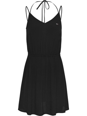 Tommy Jeans V Yaka Düz Siyah Kısa Kadın Elbise Tjw Essentıal Strappy Dress