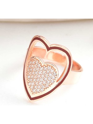 Gumush Gümüş Rose Beyaz Taşlı Kalpli Kadın Yüzük