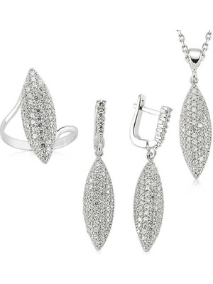 Gumush Gümüş Beyaz Taşlı Bayan Set