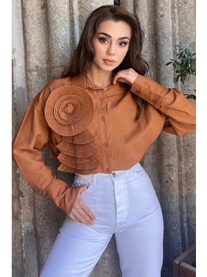 Julude Camel Gül Detaylı Tarz Kadın Gömlek P-00009061