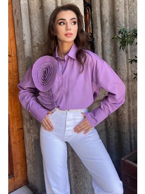 Julude Lila Gül Detaylı Tarz Kadın Gömlek P-00009061