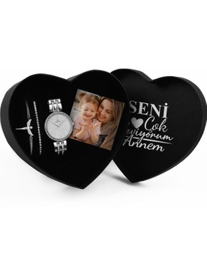 Apollon Gift Anneler Gününe Özel Kalp Kutu & Metal Kordon Saat & Melek Bileklik & Zirkon Taşlı Bileklik & Kişiye Özel Fotoğraf Hediye Seti