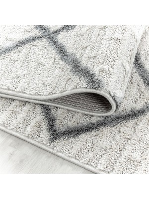 Carpettex Yuvarlak Halı Yumuşak Bukle Tabanlı Modern Kabartmalı Izgara Desenli Krem Gri Renkli Halı