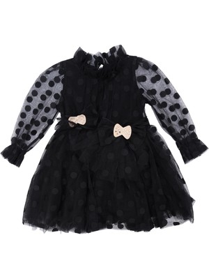 Bebelop Kız Çocuk Büyük Puantiyeli Tokalı Tül Abiye Düğün Elbisesi