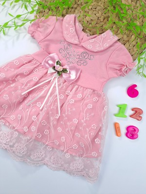 Bonboner Kids Kız Çocuk Taş Detaylı Çiçek Fiyonklu Dantelli Pembe Renk Elbise
