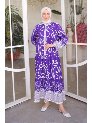 Mor Hakim Yaka Kol Lastikli Desenli Viscon Elbise