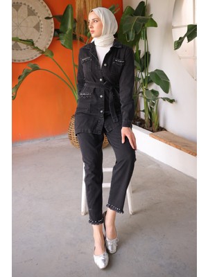 Siyah Taşlı İncili Püsküllü Kot Takım