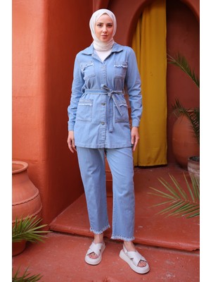 Açık Mavi Taşlı İncili Püsküllü Kot Takım