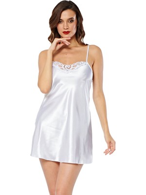 Alışveriş Parkı Beyaz Saten Gecelik - M-267