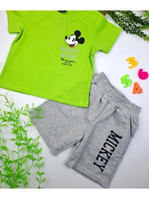 Bonboner Kids Erkek Çocuk Premium Kalite Gri Şort Yeşil T-Shirt Mickey Mouse Baskılı Ikili Takım