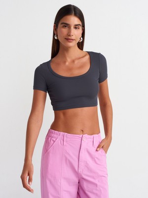 Dilvin 30876 Kısa Kollu Crop Top-Antrasit