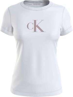 Calvin Klein Jeans Bisiklet Yaka Baskılı Beyaz Kadın T-Shirt J20J2223430K4