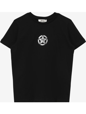 Jeep Siyah Kız Çocuk Bisiklet Yaka Relaxed Baskılı T-Shirt C4SG-TST7030