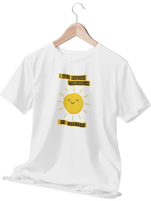 Qoeuyl Boutique I Will Reborn Tomorrow As Every Yazılı Güneş Baskılı Beyaz Kadın Motivasyon T-Shirt