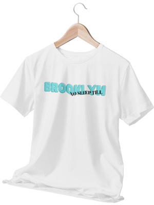 Qoeuyl Boutique No Sleep Tıll Brooklyn Baskılı Eğlenceli Hediyelik Beyaz  T-Shirt