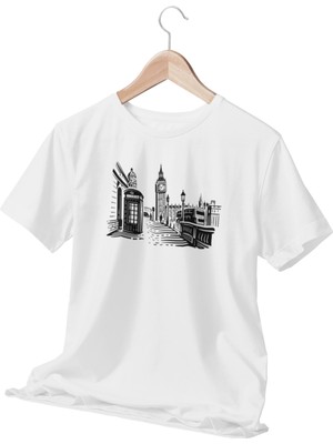 Qoeuyl Boutique Siyah London City Baskılı Beyaz  T-Shirt