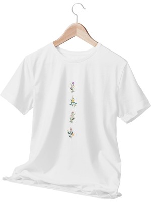Qoeuyl Boutique Mini Çiçek Baskılı Eğlenceli Beyaz  T-Shirt